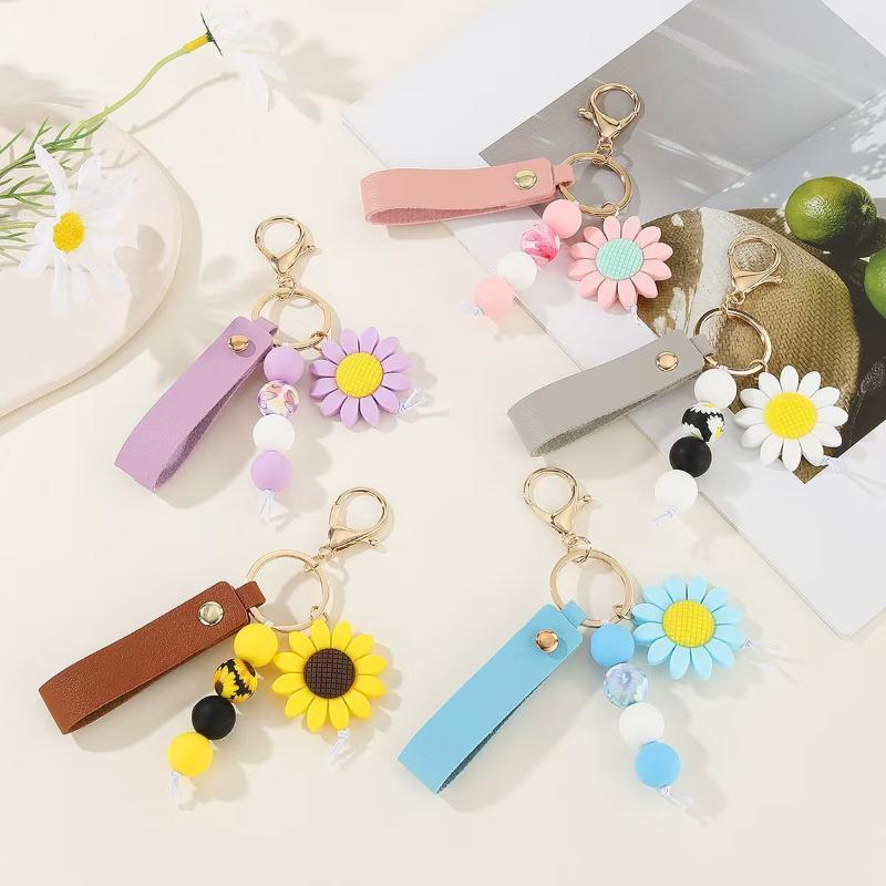 1Pcs Sunflower PU Leather Keychain Personalized Silicone Beads Bag Charm Unique Gift for Mother's Day