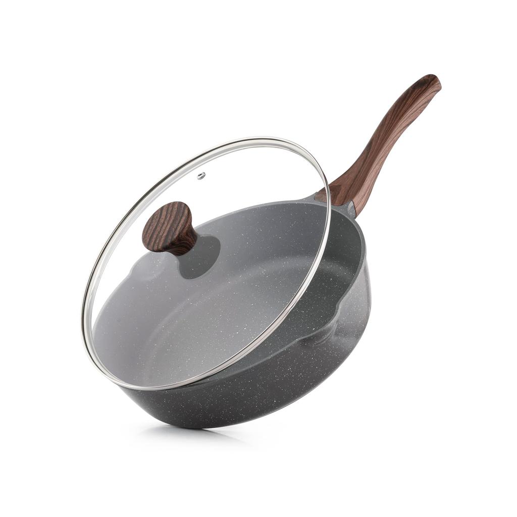 SENSARTE Deep Frying with Marble Easy to Chinese High Heat 1 Year Grey Pan, 28cm, Lid, Coat, IH/Gas Compatible, Stir-Fry Pan, Non-stick, Clean, Wok,