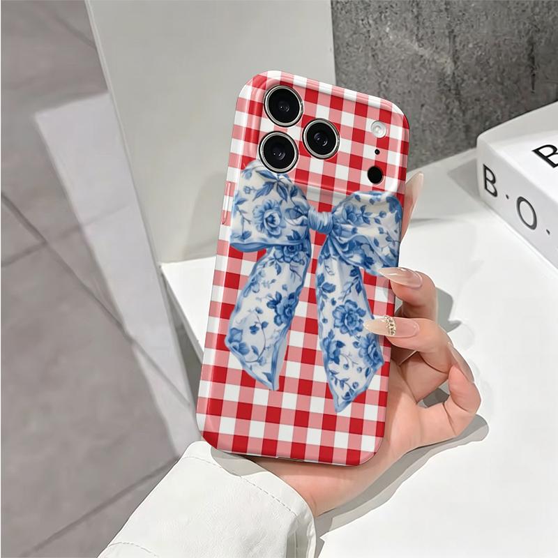 Classic Red Gingham Blue Floral Motif Bow Art Graphic Film Aesthetic Protective Shockproof Bumper Phone Case Cover For iPhone 14 15 16 Pro Max Plus