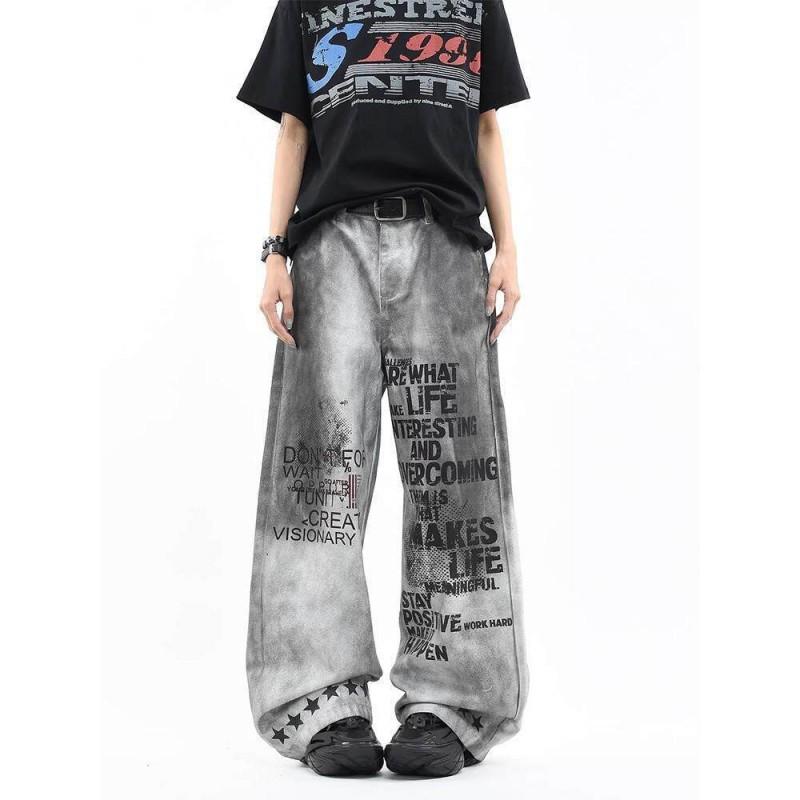 American Street Graffiti Jeans Men Women Loose Fit Wide Leg Denim Pants Casual All-Match