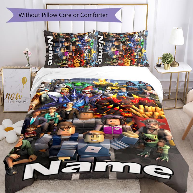 3pcs Custom Name Gaming Roblox Bedding Set Duvet Cover Closure Includes 1 Duvet Cover & 2 Pillowcases for All Seasons Bedroom Decor