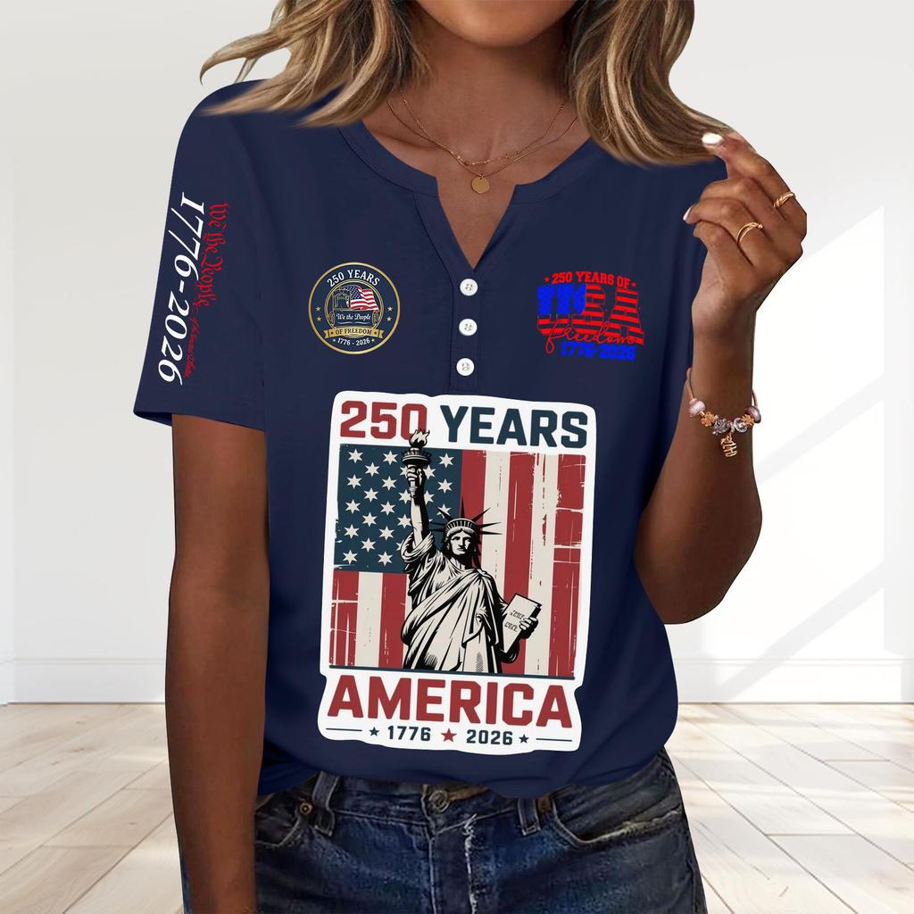 Women's Fashion Casual 250th Anniversary Independence Day Print V-Neck Short Sleeve Decorated Button-Up T-Shirt