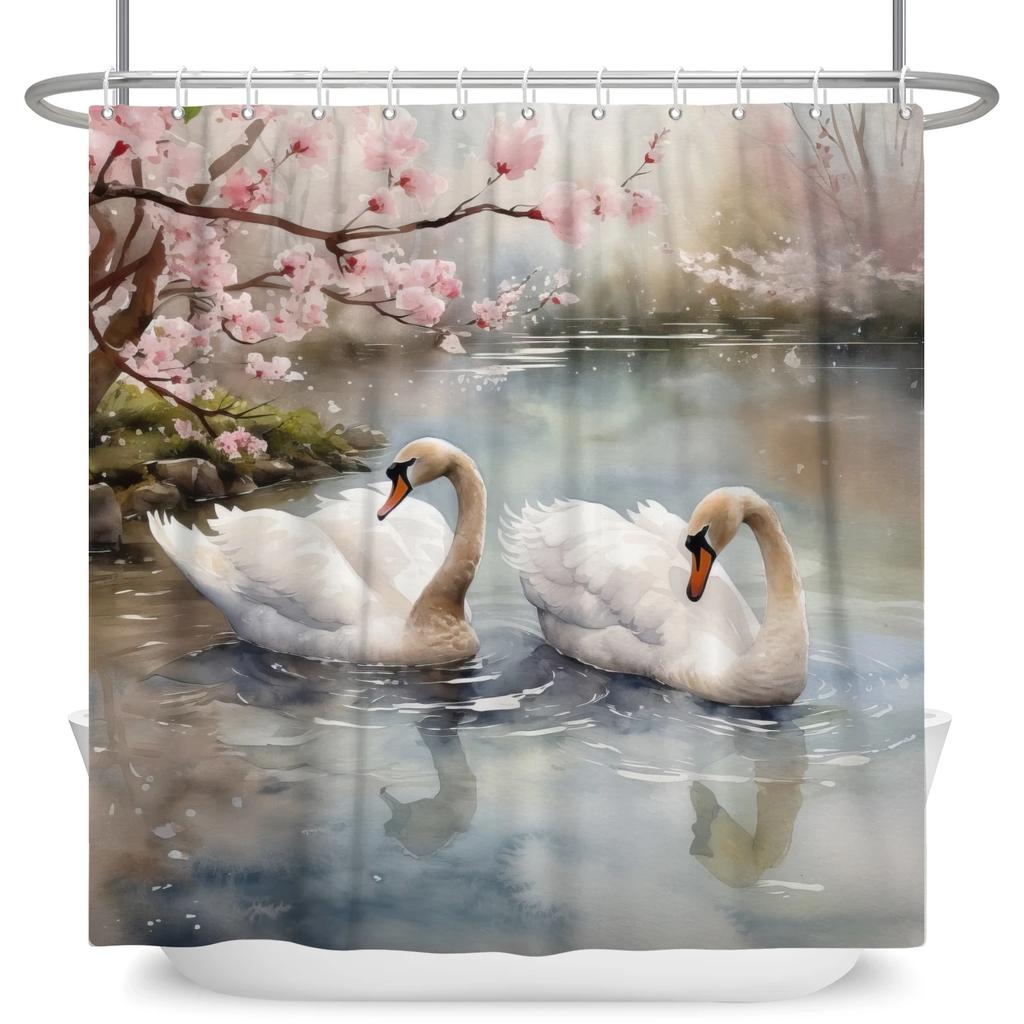 Elegant Swan Shower Curtain Romantic Love Couple Swan Flowers Lake Tree Scenery Bathroom Decor Waterproof Polyester Bath Screen