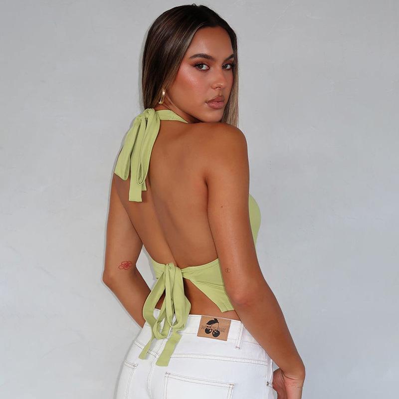 European Style Women's Solid Color Halter Strap Sexy Summer Top