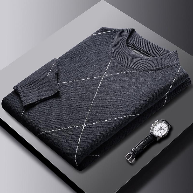 Men's 2025 Autumn/Winter Diamond Jacquard Knit Sweater - Round Neck, Long Sleeve