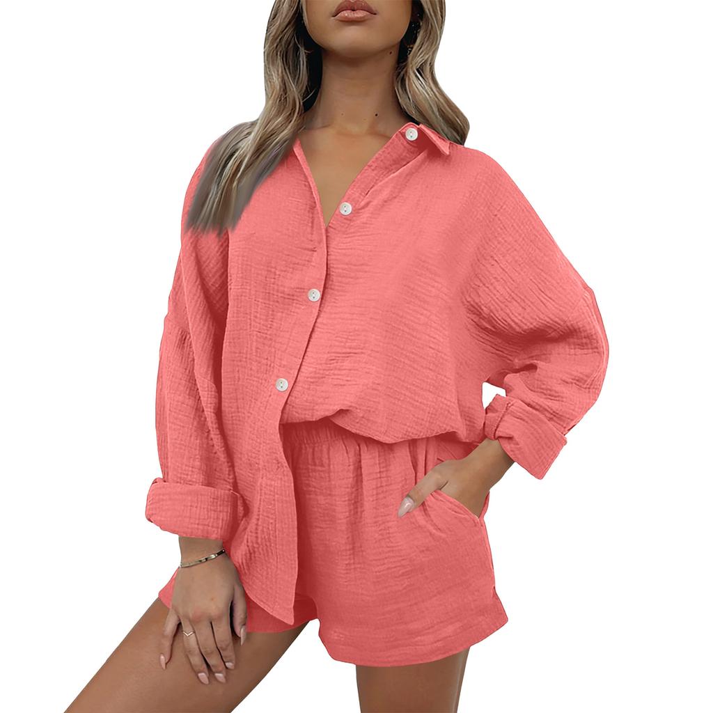 Women's Casual Color Long Sleeved Shorts Set, Crepe Home Set