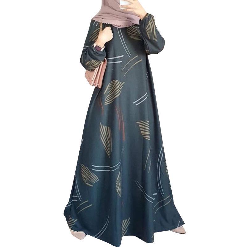 Cross-Border Printed Middle Eastern Muslim Dress with Long Sleeves and Round Neck
