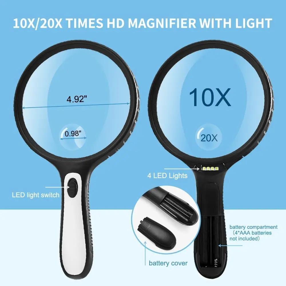 Magnifying Glass With Light, 10x 20x Magnifier With 4pcs Led Lights, Reading Magnifiers For Seniors, Kids, Close Work Assistant