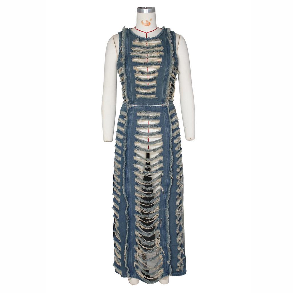 Women's Denim Skirt and Vest Set – European & American Handmade Distressed Style with High Slit