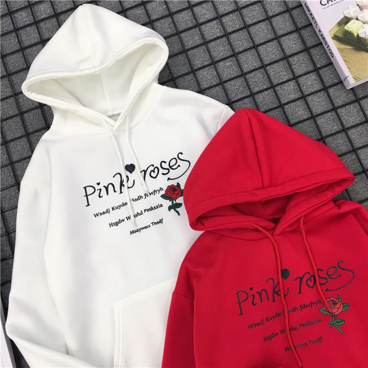 Student Fleece Flower Print Hoodie for Autumn Winter Women Couple Long Sleeve Casual Outfit Pullover