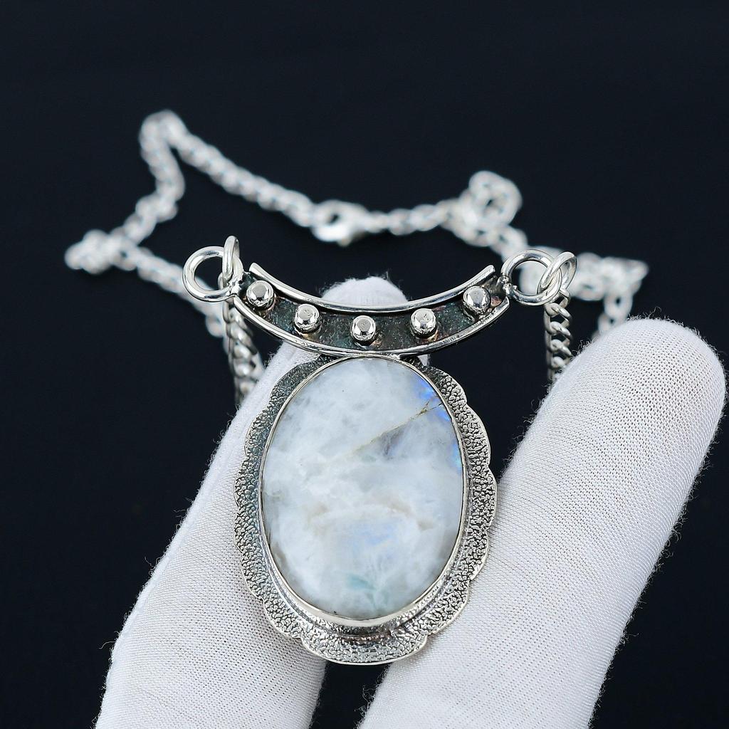 Náhrdelník z duhového měsíčního kamene, drahokam z duhového měsíčního kamene, náhrdelník ze stříbra 925, přírodní šperky z duhového měsíčního kamene pro ženy, na dárky