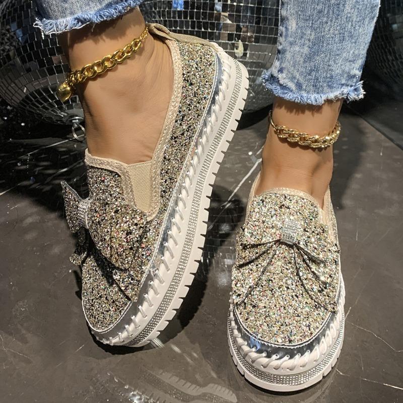 Large size rhinestone bow shallow mouth women's spring and autumn new one-pedal platform lazy shoes