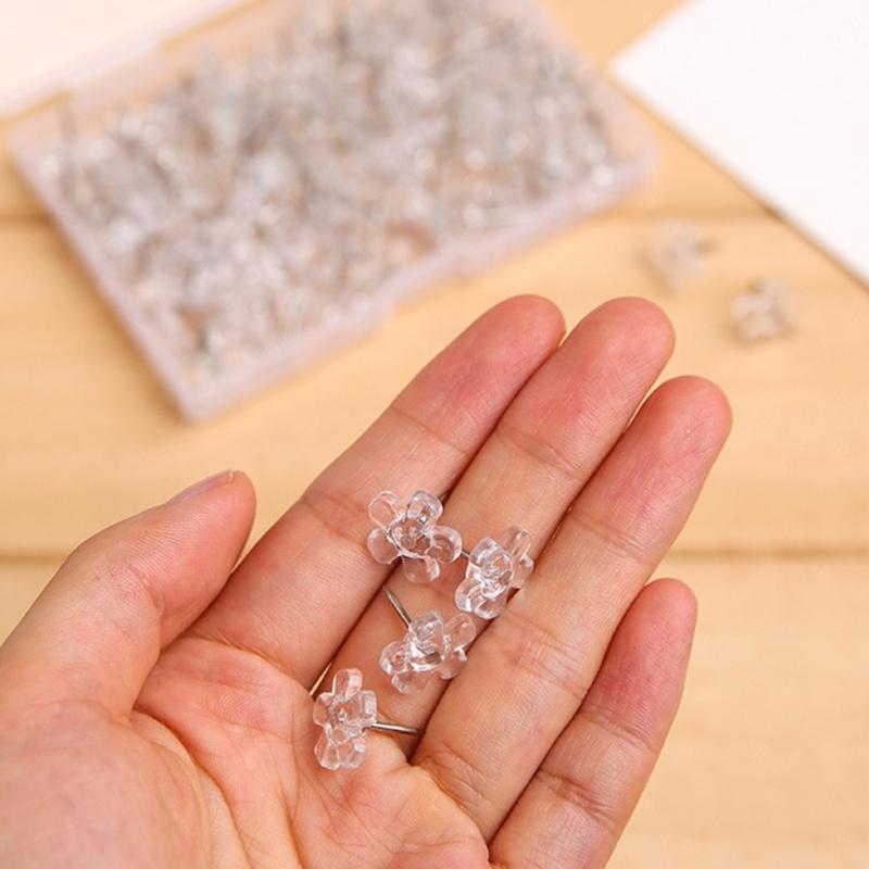 100Pcs Clear Flower Head Push Pins for Display Picture Note Memos Poster Cork Notice Board Pins Decorative Thumb Tacks