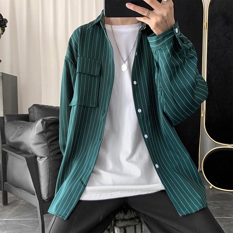 Men's Harajuku Style Striped Long Sleeve Shirt - Trendy, Casual, Loose-Fit, Versatile Korean Button-Down Jacket