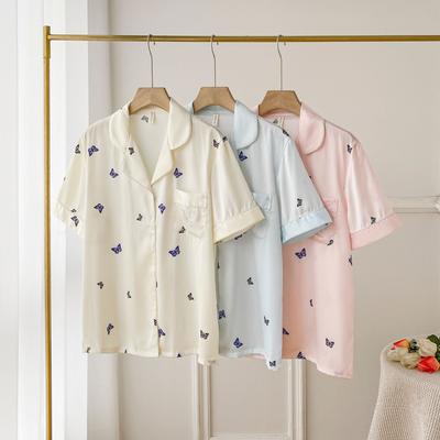 2 PCS Summer Satin Butterfly Women's Short-sleeved Tops Pajamas Set