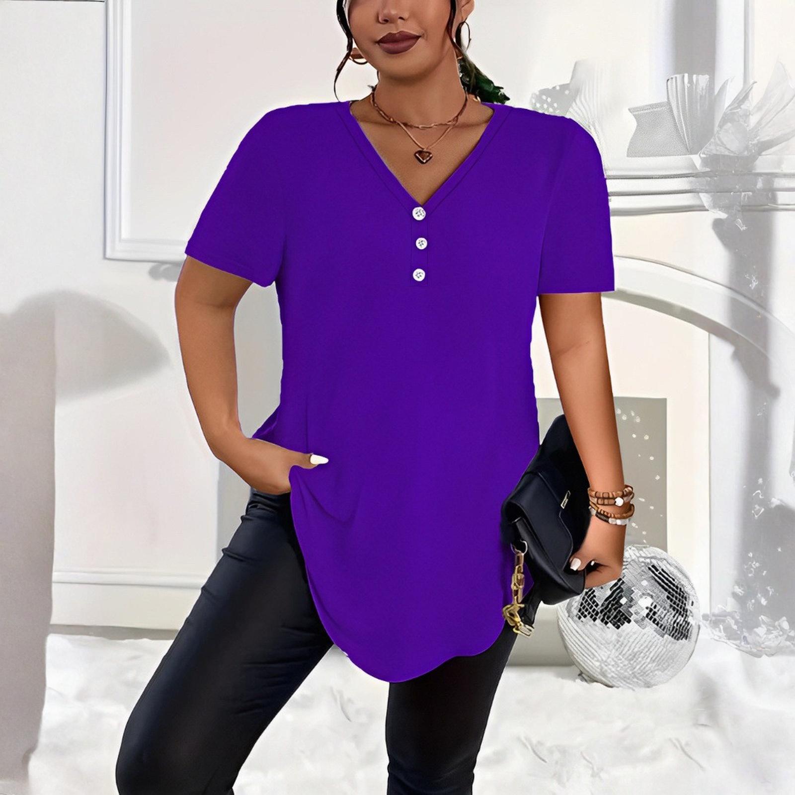 

Short Sleeve Shirts For Women Cute Print Graphic Tees Blouses Casual Plus Size Basic Tops Pullover XL фіолетовий