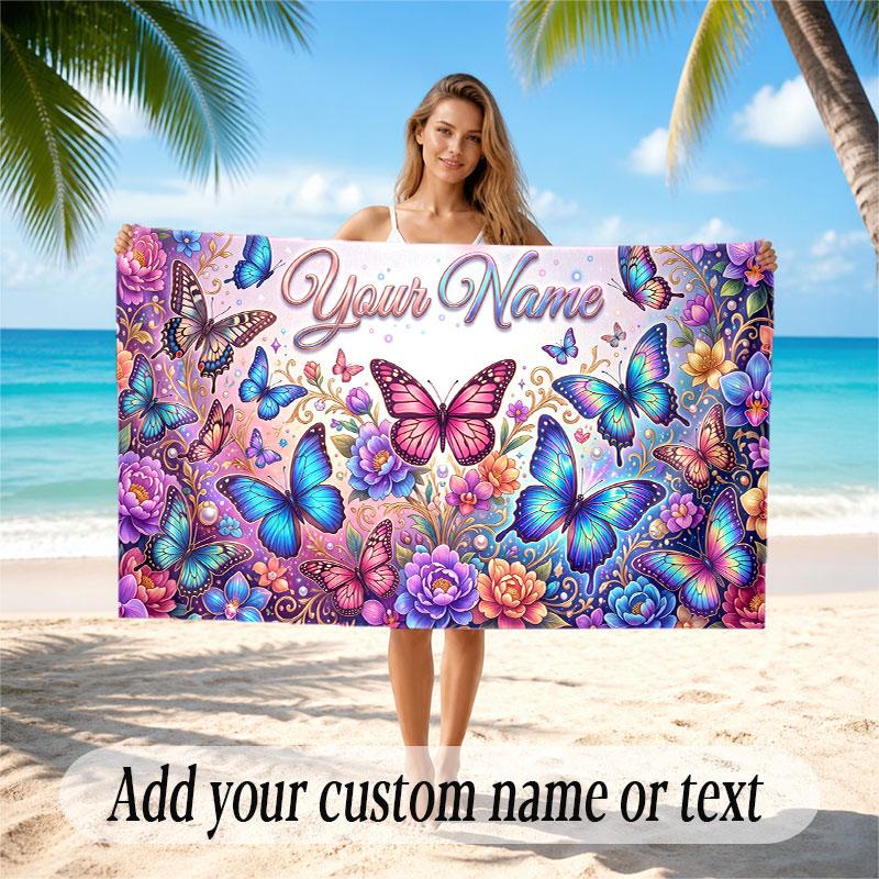 Butterfly Theme Soft Beach Towel Personalized Custom Name Text Towel Portable for Beach Pool Travel