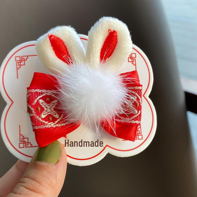 2023 Chinese New Year Embroidered Bow Hair Clip with Rabbit Ears - Red Side Clip for Little Girls