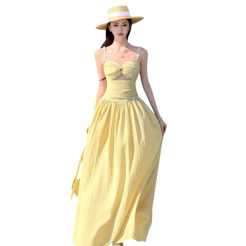 Spring and Summer Seaside Vacation Yellow Hollow Suspender Temperament Dress Waist Thin Beach Long Skirt