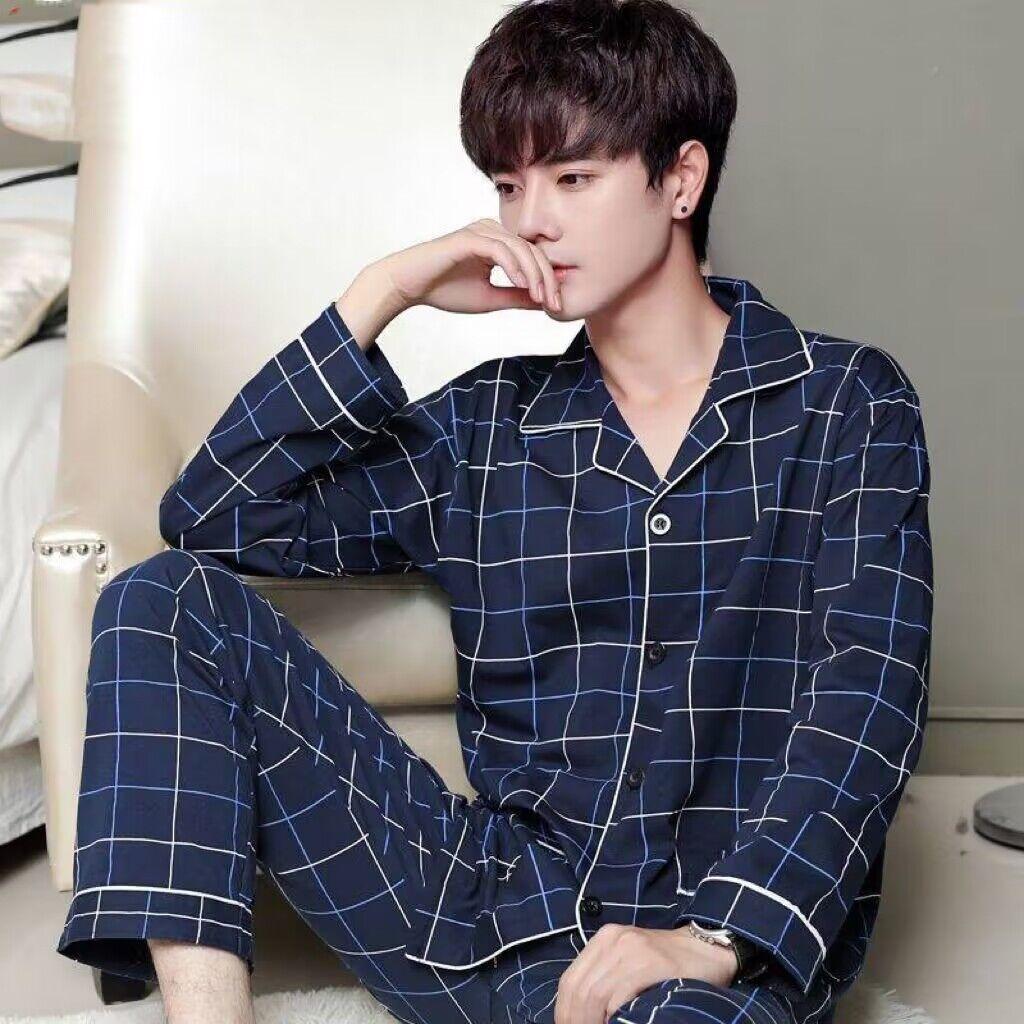 Pijama de Algodão Masculina de Primavera e Verão Calças de Manga Comprida Fato de Pijama para Meninos Fato Casual Homewear para Adolescentes