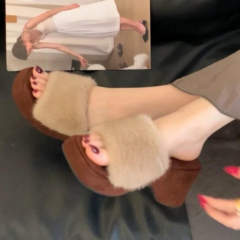 Women Wedges Platform Slippers Leopard Fur Shoes Square Toe Chunky Slingback Flip Flops 2025 Trend New Winter Slides Zapatillas