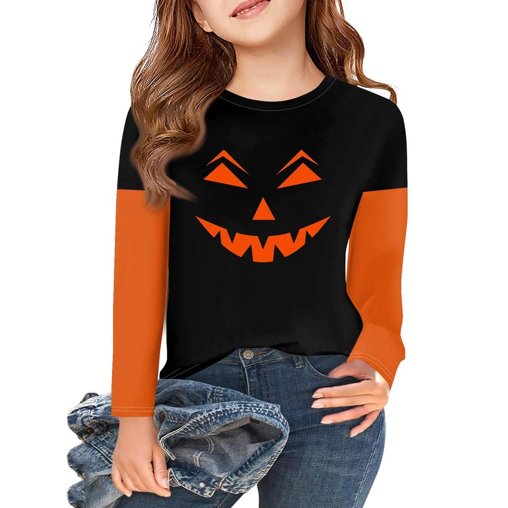 Jenter Langermet Halloween Dag T-skjorter Barn Høst Topper Rund hals Basic T-skjorter 2-11Å