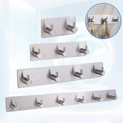 Adhesive Wall Hook Stainless Steel Brushed Black 2 3 4 6 Row Robe Hook for Bathroom Bedroom Kitchen Door Cloth Towel Key Holder
