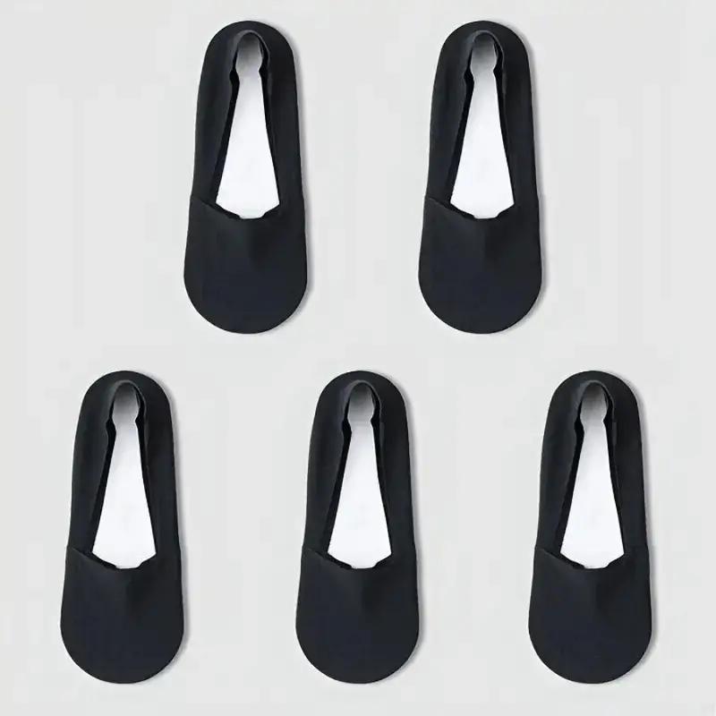 

5 пар женских тонких носков-невидимок разных цветов, летний дышащий ледяной шелк, низкая подкладка с хлопковой подошвой и нескользящей структурой пятки чёрный