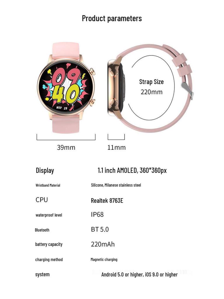 Multifunktionale Smartwatch für Damen: Telefon, Offline-Zahlung, Herzfrequenz, Blutdruck, Sport-Tracker, Silikon-Schrittzähler.