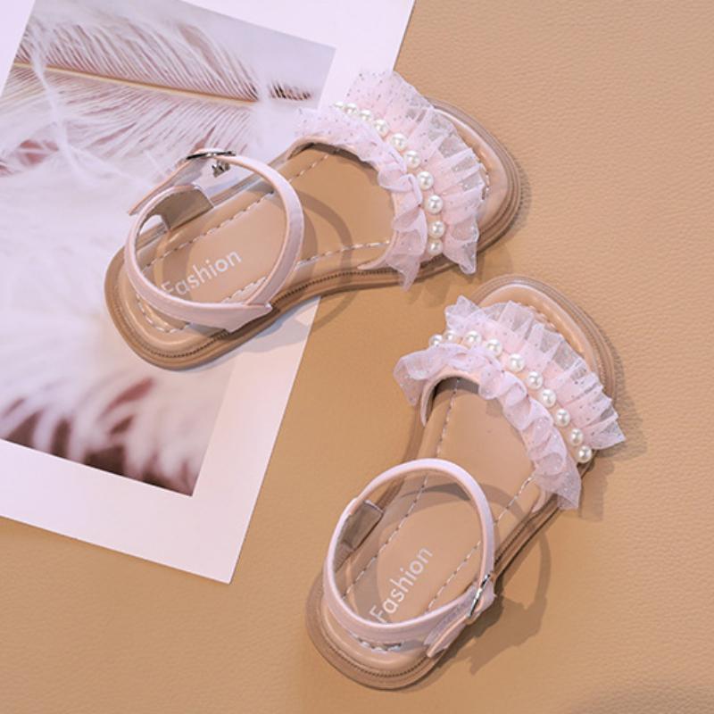 Little Girl Sandal Lace Pleated Children's Summer Sandals Elegant Pearl Causal Kids Princess Open-toe Dress Flat Sandals Soft