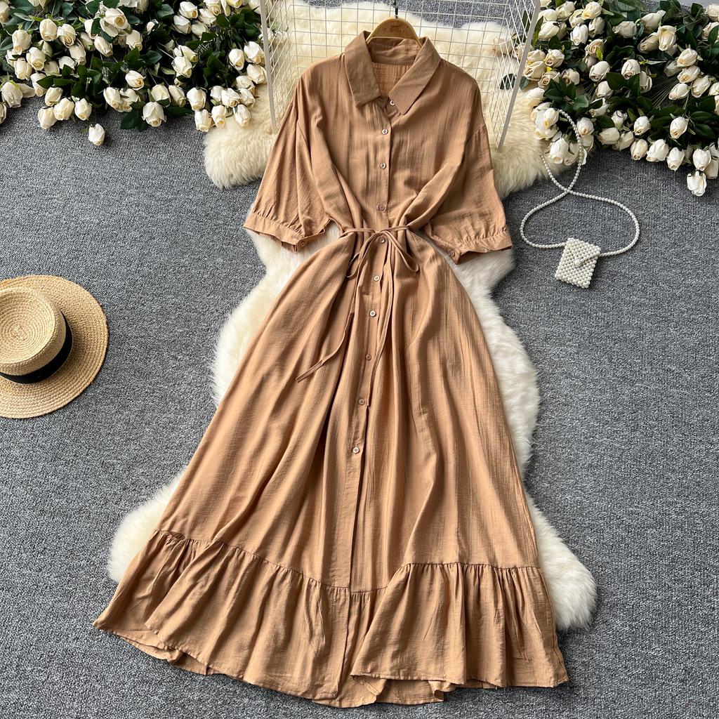 Sexy Chic Polo-Neck Single Breasted Ruffle Dress Elegant Korean Fashion Slim Summer Vintage Sweet Dresses