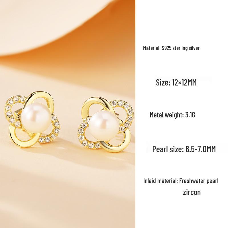 S925 Sterling Silver Freshwater Pearl Lucky Knot Stud Earrings for Women S925 Silver
