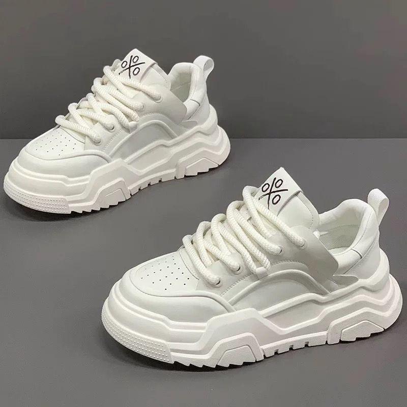 Men's Trendy White Breathable Skate Shoes - Spring 2025 Versatile Thick Sole Sports Casual Dad Sneakers.