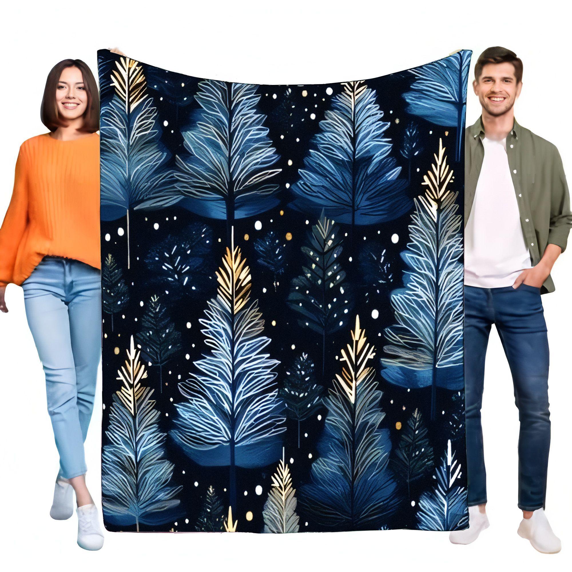 

Blue Gold Winter Trees Blanket Super Soft Flannel Fleece Throw Cozy Warm Bed Sofa Decor Christmas Holiday Gift 75x90cm