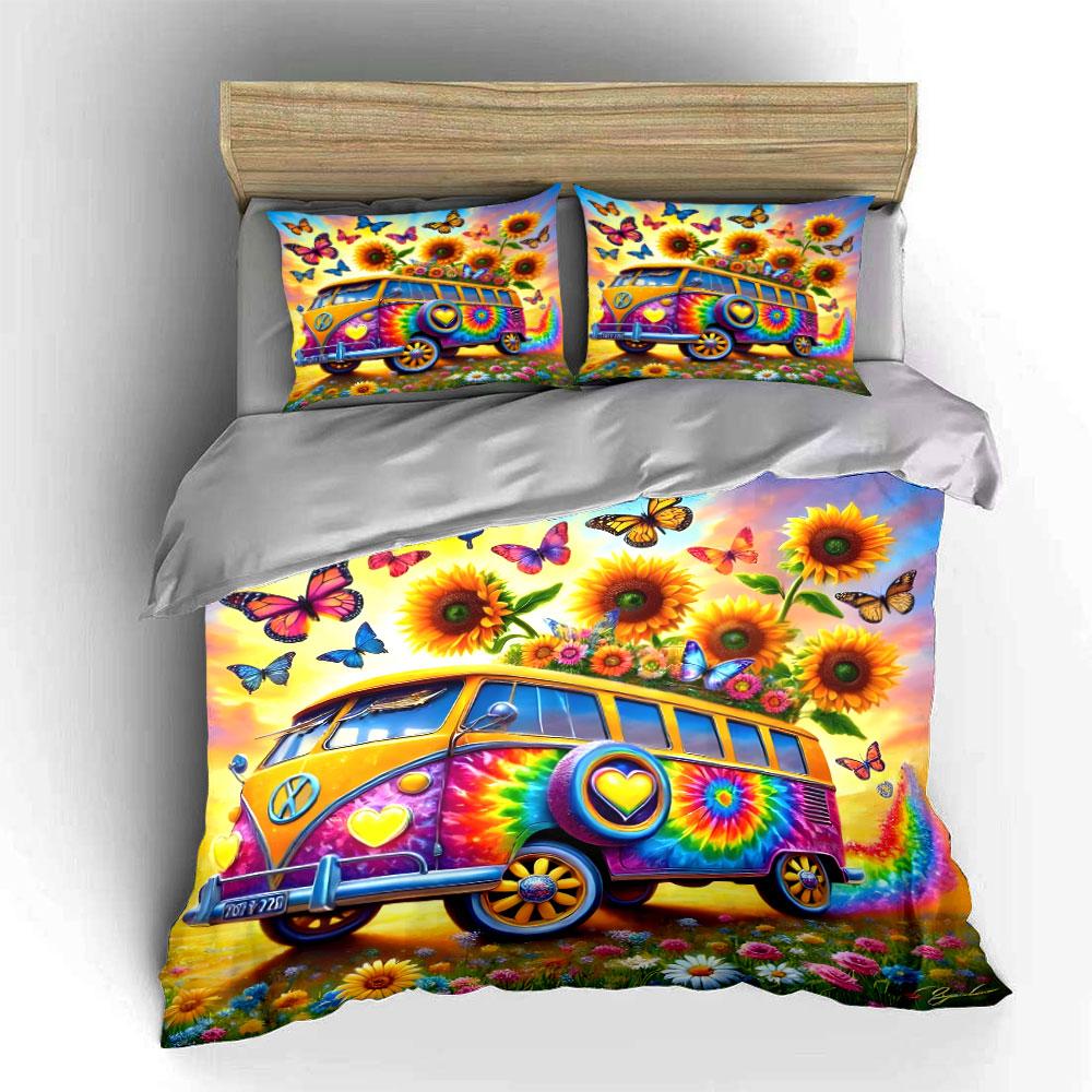 Juego de Ropa de Cama con Arte de Furgoneta Hippie Colorida con 1 Funda de Edredón 2 Fundas de Almohada Individual Doble King Queen, Regalo