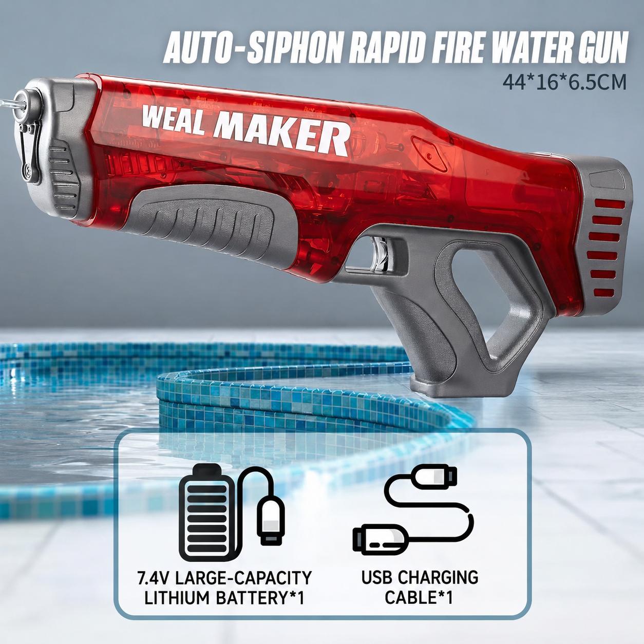 Large Electric Rapid-fire Water Gun Automatic Water Suction Spray High Pressure Large Capacity Water Play Toy красный