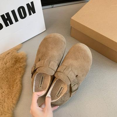 Cowhide Version~ Genuine Leather and Velvet Women's Winter New One-pedal Cotton Shoes Doudou Shoes