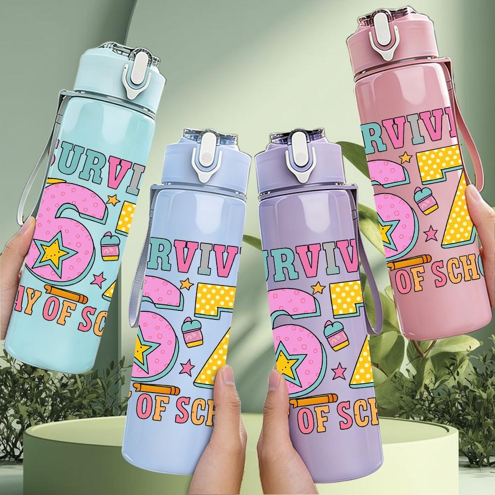 1PC Survived 67 First Day Of School Letter 750ml Color Plastic Sports Water Bottle Leakproof Flip Straw Lid Suitable for Sports Office Home Use