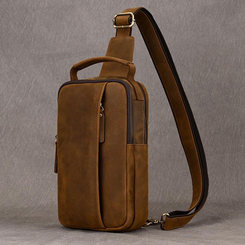 Crazy Horse Leather Men s Casual Crossbody Chest Bag - Cowhide Single Shoulder Outdoor Bag