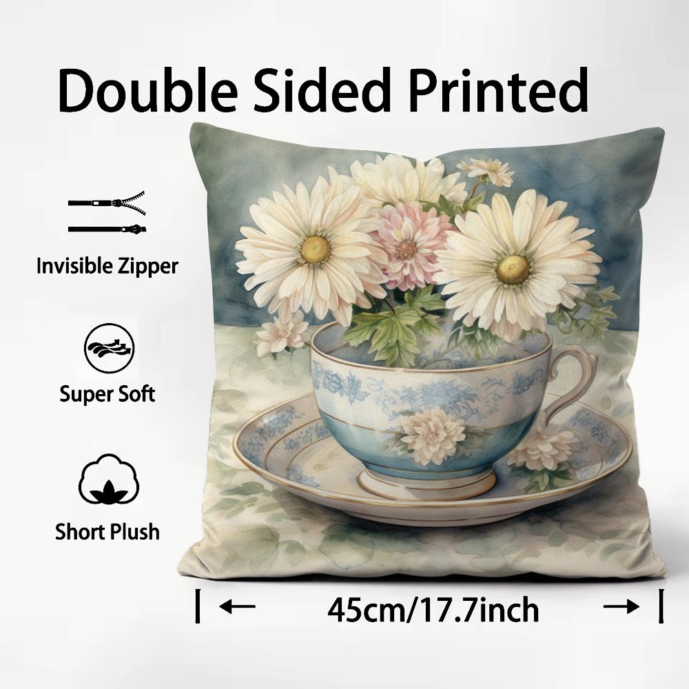 Painting Cup of Flowers Cushion Cover Premium Comfort Reversible Pillow Cover - Dual - Use Design for Home & Car