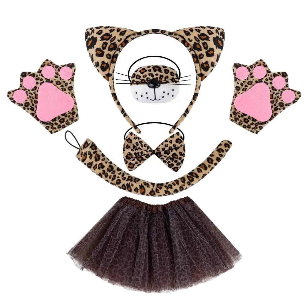 Set Maschera di Halloween per Bambini con Fascia Testa Testa di Leopardo e Orecchie da Gatto con Adesivi per il Viso