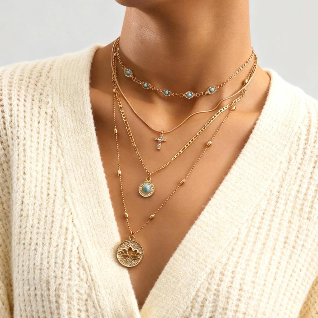 American Style Multi-layer Rhinestone Cross Pendant Necklace