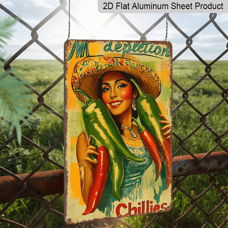 2D Flat, Victorian Era Mexican Woman & Chili Pepper Metal Sign - Vintage Wall Decor Poster Suitable for Home, Bar, Office - Durable Aluminum Retro