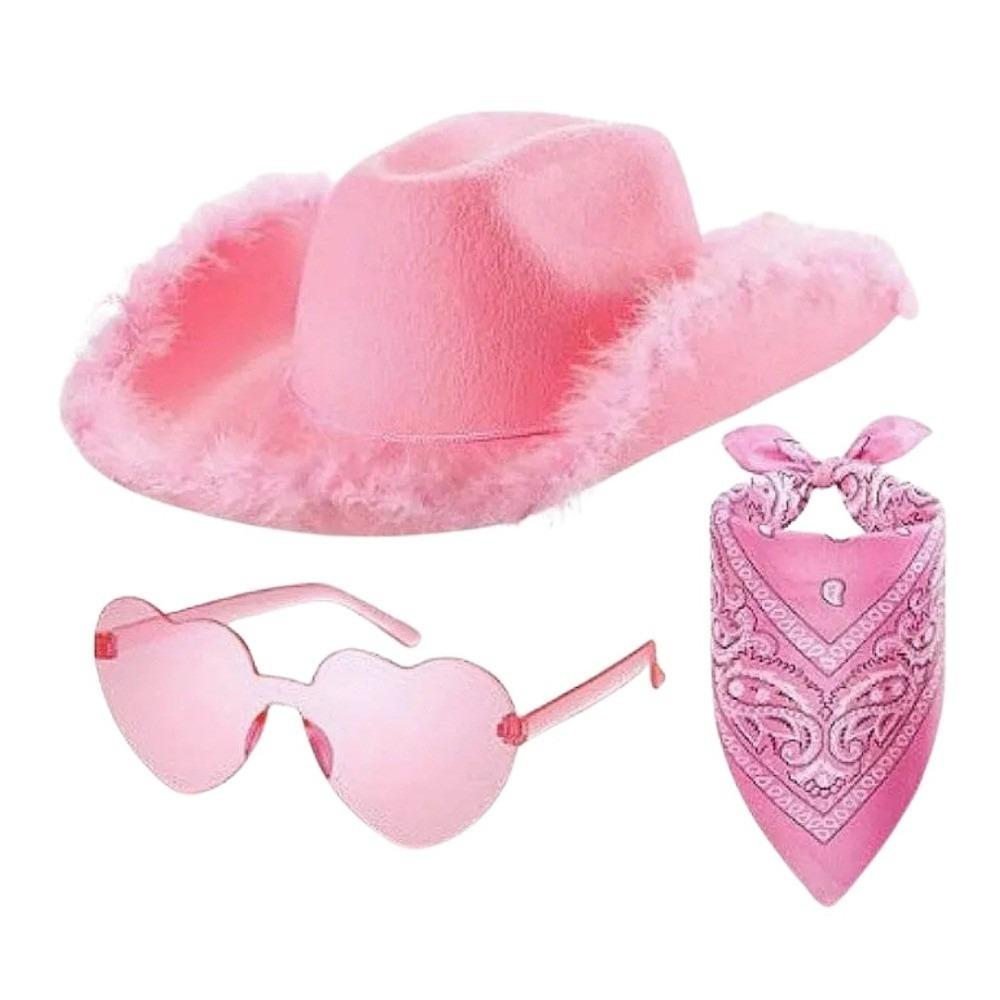 Fluffy Trim Bandana Heart-Shaped Glasses Pink Halloween Costume Accessories Set Cowboy Hat Women