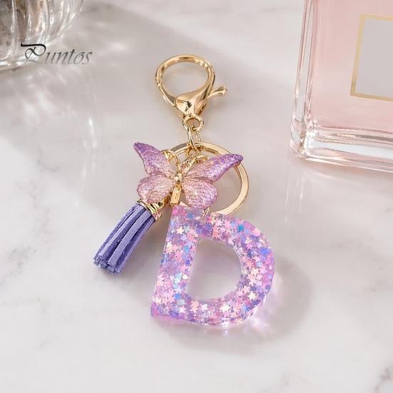 Letter A-Z Key Holder Purple Series Keychain Pendant, Sequins Star Initial Charm Chain with Butterfly Tassel Design, for Bag Purse Backpack Non-fading