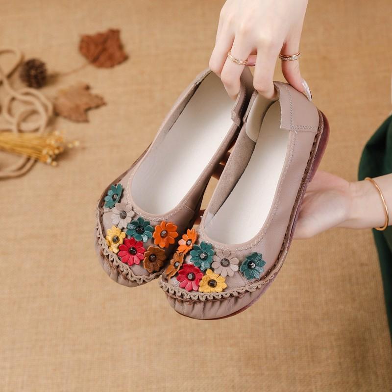 Fashion New Summer Genuine Leather Ballet Flats Women's Flower Loafers Ladies Moccasins Shallow Daily Shoes Woman Flattie Slip On Shoes