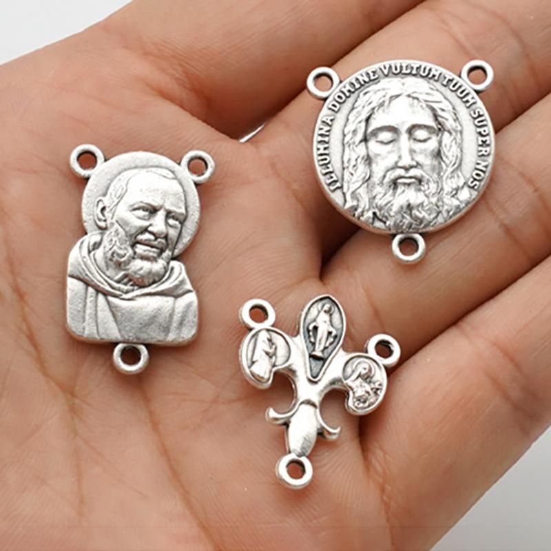 Religious Rosary Centerpiece Connectors Silver Tone Catholic Medallions and Cross Charms Made In Italy