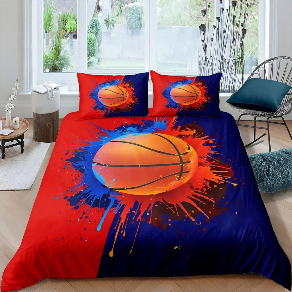 Basketball Duvet Cover Set Black 3D Ball Sports Theme Bedding Set Microfiber Basketball Court Competitive Games King Quilt Cover