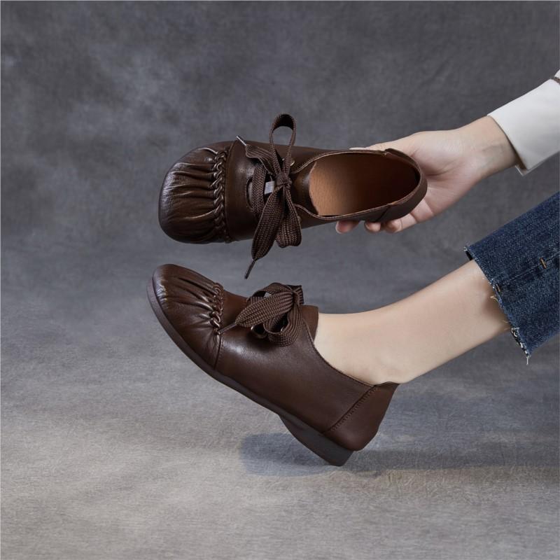 Johnature Handgefertigte Retro-Damen-Schuhe aus echtem Leder mit weicher Sohle, bequeme Schnürschuhe mit Falten und niedrigem Absatz