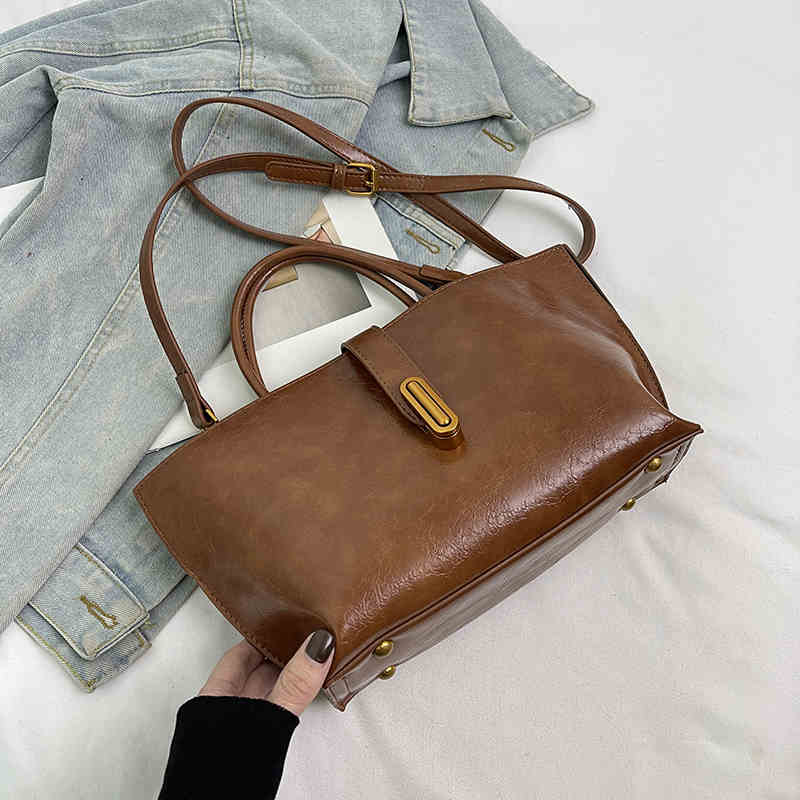 High-grade PU Leather Tote Bag For Women's 2025 Autumn Winter New Single Shoulder Bags Retro Versatile Solid Color Handbag